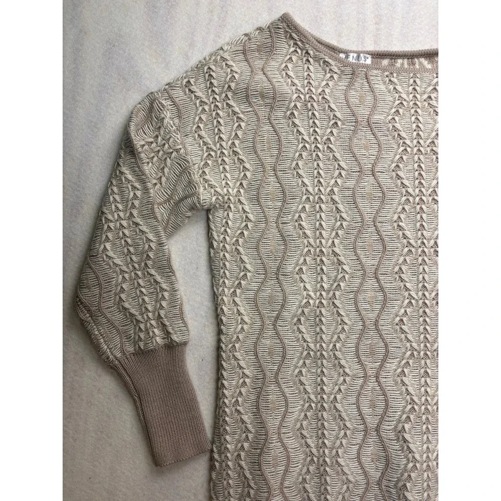 Venus Womens Tan Cream Geometric Cable Knit Boat Neck Tunic Sweater Size M - Picture 3 of 13